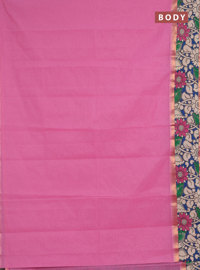 Mangalagiri cotton saree light pink and blue with plain body and long zari woven kalamkari printed border & blouse