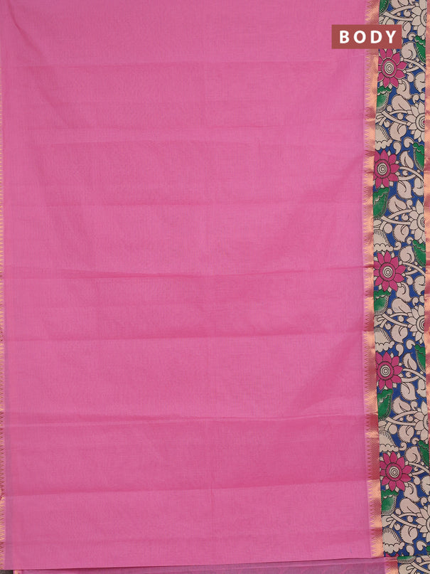 Mangalagiri cotton saree light pink and blue with plain body and long zari woven kalamkari printed border & blouse