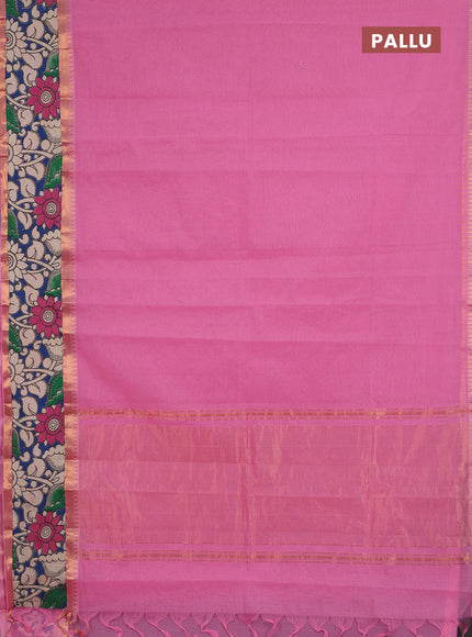 Semi mangalagiri cotton saree light pink and blue with plain body and long zari woven kalamkari printed border & blouse