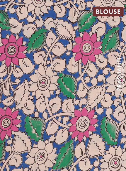 Semi mangalagiri cotton saree light pink and blue with plain body and long zari woven kalamkari printed border & blouse