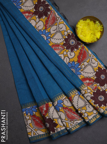 Semi mangalagiri cotton saree peacock blue and mustard yellow with plain body and long zari woven kalamkari printed border & blouse