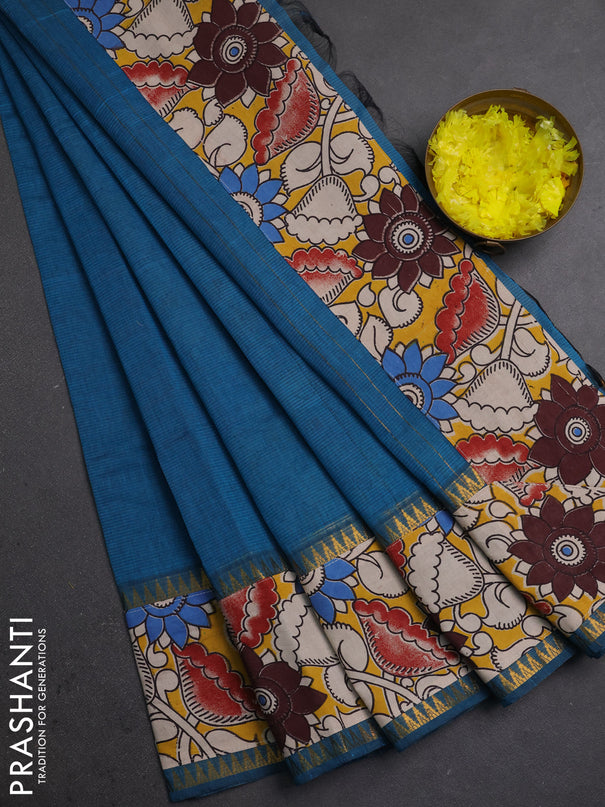 Mangalagiri cotton saree peacock blue and mustard yellow with plain body and long zari woven kalamkari printed border & blouse