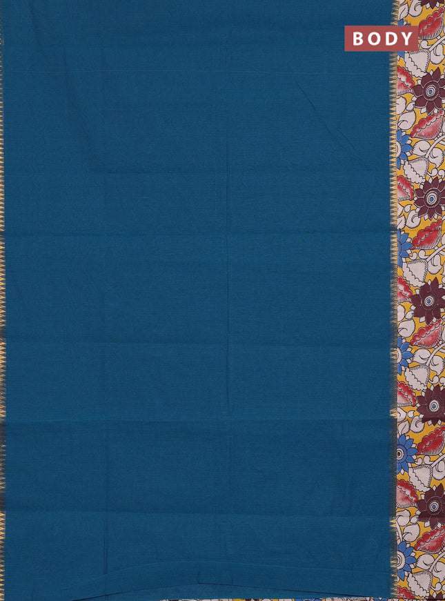 Mangalagiri cotton saree peacock blue and mustard yellow with plain body and long zari woven kalamkari printed border & blouse