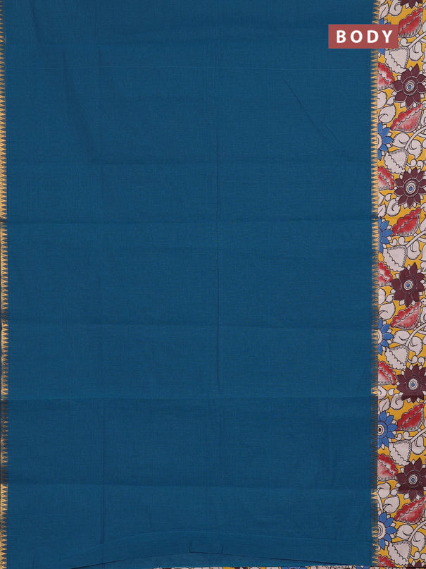 Mangalagiri cotton saree peacock blue and mustard yellow with plain body and long zari woven kalamkari printed border & blouse