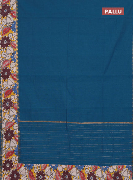 Semi mangalagiri cotton saree peacock blue and mustard yellow with plain body and long zari woven kalamkari printed border & blouse