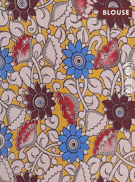 Semi mangalagiri cotton saree peacock blue and mustard yellow with plain body and long zari woven kalamkari printed border & blouse