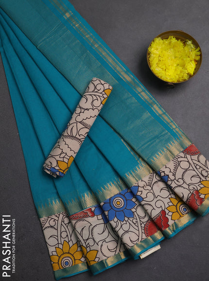 Semi mangalagiri cotton saree teal blue and beige with plain body and long zari woven kalamkari printed border & blouse