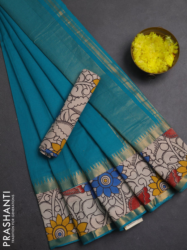 Mangalagiri cotton saree teal blue and beige with plain body and long zari woven kalamkari printed border & blouse