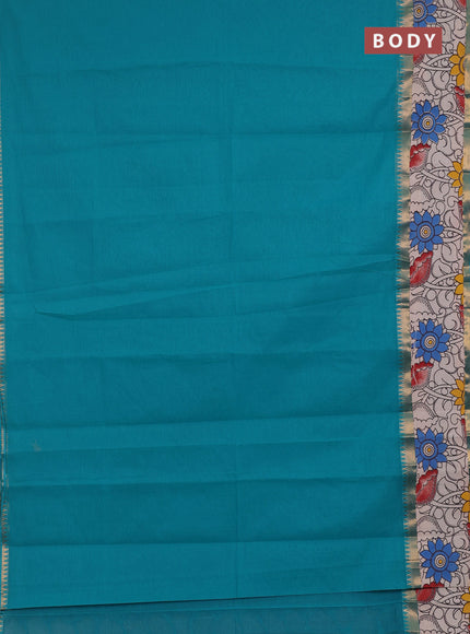 Semi mangalagiri cotton saree teal blue and beige with plain body and long zari woven kalamkari printed border & blouse
