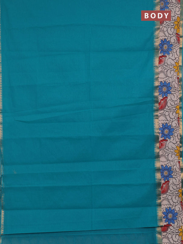 Mangalagiri cotton saree teal blue and beige with plain body and long zari woven kalamkari printed border & blouse