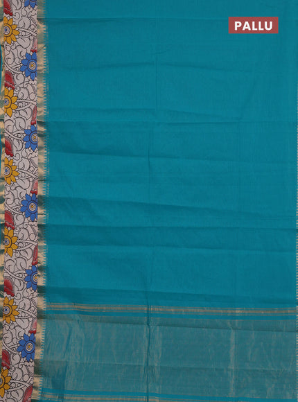 Semi mangalagiri cotton saree teal blue and beige with plain body and long zari woven kalamkari printed border & blouse