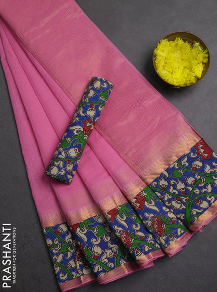 Semi mangalagiri cotton saree light pink and blue with plain body and long zari woven kalamkari printed border & blouse