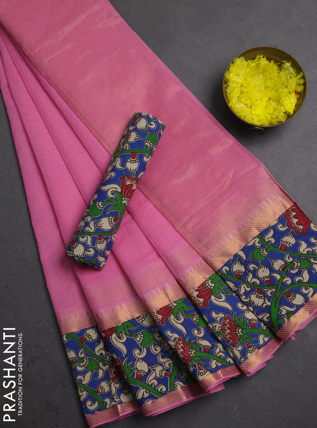 Mangalagiri cotton saree light pink and blue with plain body and long zari woven kalamkari printed border & blouse