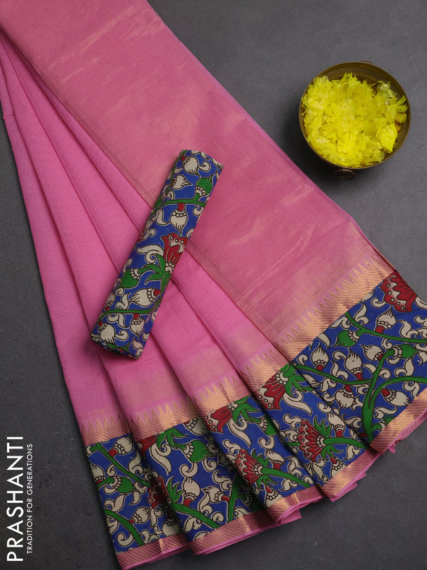 Mangalagiri cotton saree light pink and blue with plain body and long zari woven kalamkari printed border & blouse
