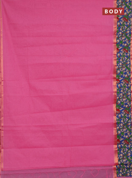 Semi mangalagiri cotton saree light pink and blue with plain body and long zari woven kalamkari printed border & blouse