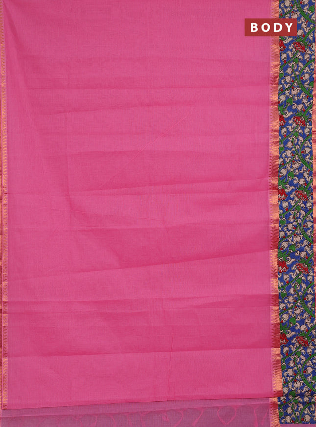 Mangalagiri cotton saree light pink and blue with plain body and long zari woven kalamkari printed border & blouse