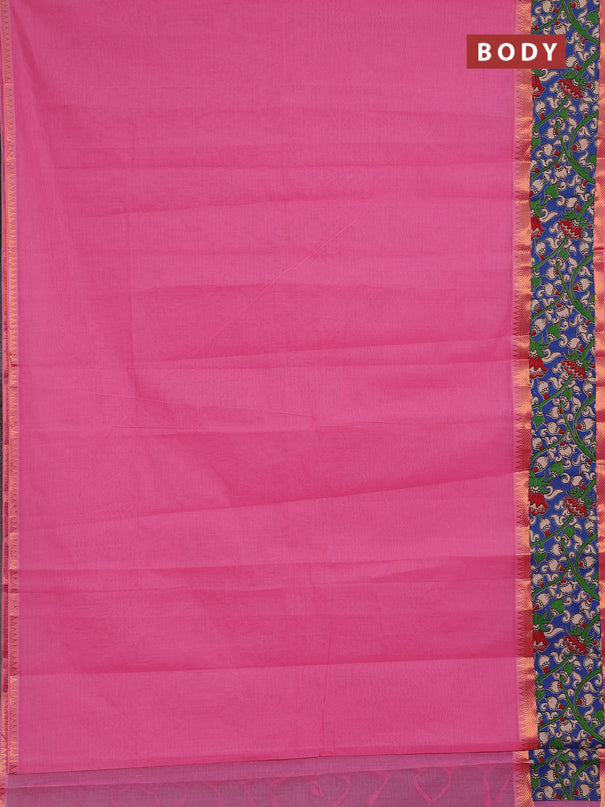 Mangalagiri cotton saree light pink and blue with plain body and long zari woven kalamkari printed border & blouse