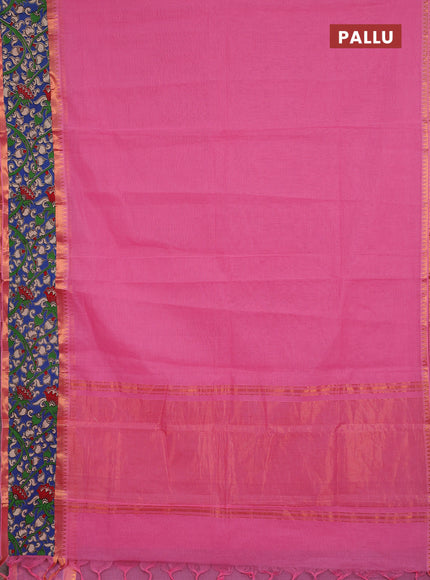 Semi mangalagiri cotton saree light pink and blue with plain body and long zari woven kalamkari printed border & blouse