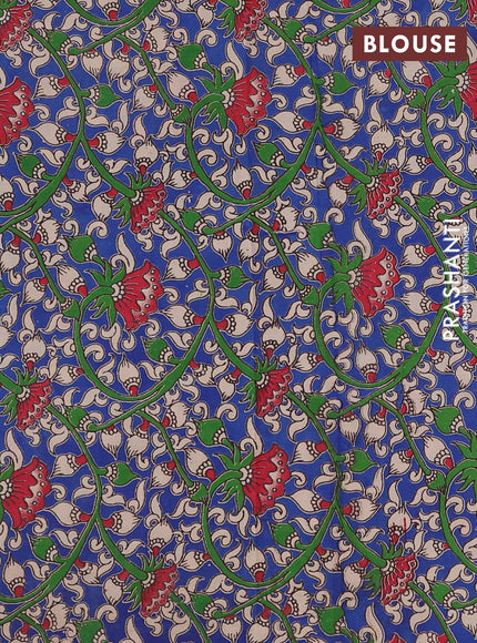 Semi mangalagiri cotton saree light pink and blue with plain body and long zari woven kalamkari printed border & blouse