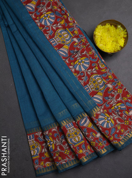 Semi mangalagiri cotton saree peacock blue and maroon with plain body and long zari woven kalamkari printed border & blouse