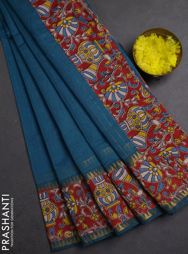 Mangalagiri cotton saree peacock blue and maroon with plain body and long zari woven kalamkari printed border & blouse