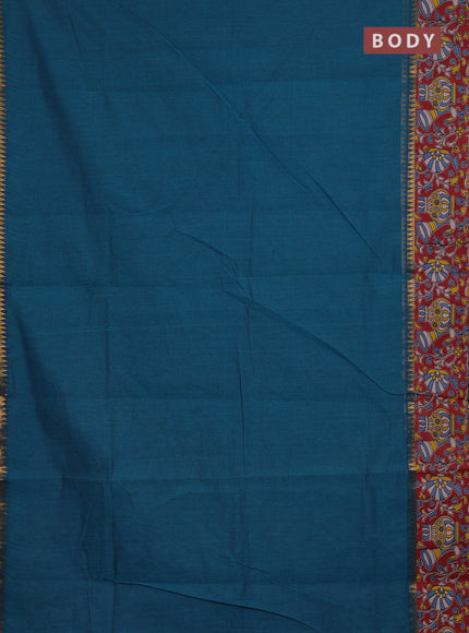 Semi mangalagiri cotton saree peacock blue and maroon with plain body and long zari woven kalamkari printed border & blouse