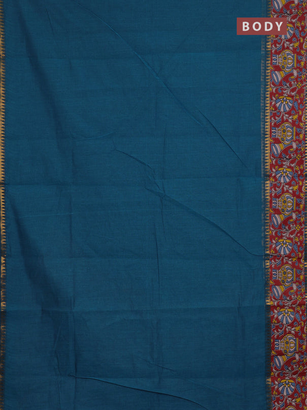 Mangalagiri cotton saree peacock blue and maroon with plain body and long zari woven kalamkari printed border & blouse
