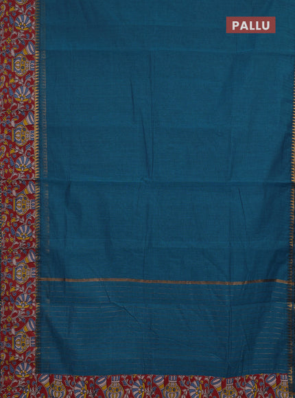 Semi mangalagiri cotton saree peacock blue and maroon with plain body and long zari woven kalamkari printed border & blouse