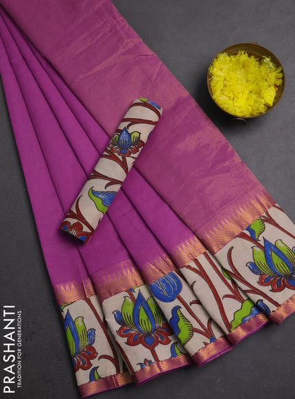 Semi mangalagiri cotton saree mild purple and beige with plain body and long zari woven kalamkari printed border & blouse