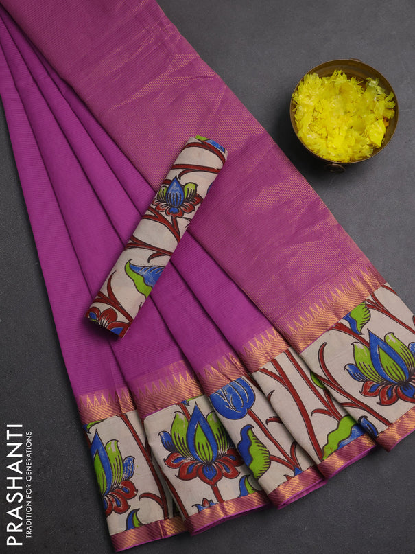 Mangalagiri cotton saree mild purple and beige with plain body and long zari woven kalamkari printed border & blouse