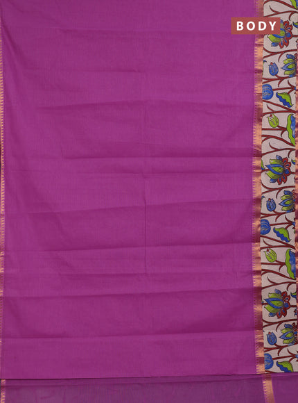 Semi mangalagiri cotton saree mild purple and beige with plain body and long zari woven kalamkari printed border & blouse
