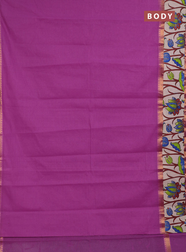 Mangalagiri cotton saree mild purple and beige with plain body and long zari woven kalamkari printed border & blouse