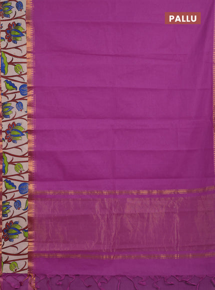 Semi mangalagiri cotton saree mild purple and beige with plain body and long zari woven kalamkari printed border & blouse
