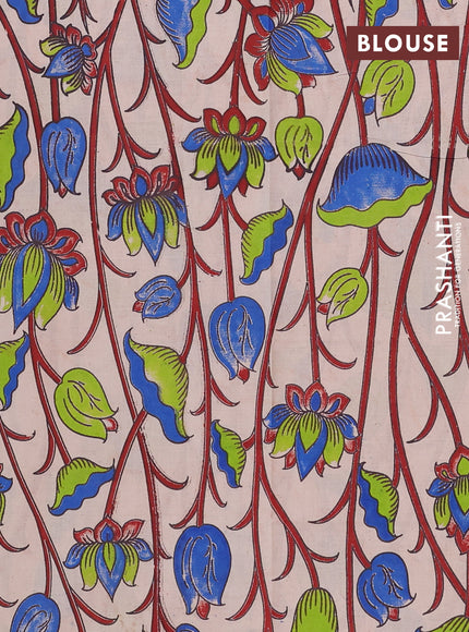 Semi mangalagiri cotton saree mild purple and beige with plain body and long zari woven kalamkari printed border & blouse