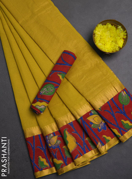 Semi mangalagiri cotton saree mustard yellow and maroon with plain body and long zari woven kalamkari printed border & blouse