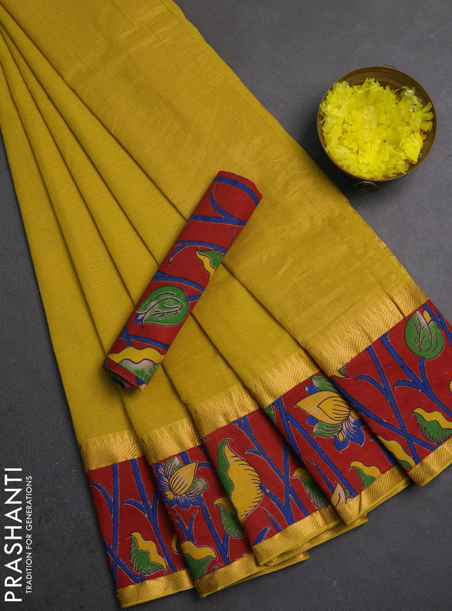 Mangalagiri cotton saree mustard yellow and maroon with plain body and long zari woven kalamkari printed border & blouse