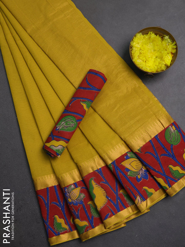 Mangalagiri cotton saree mustard yellow and maroon with plain body and long zari woven kalamkari printed border & blouse