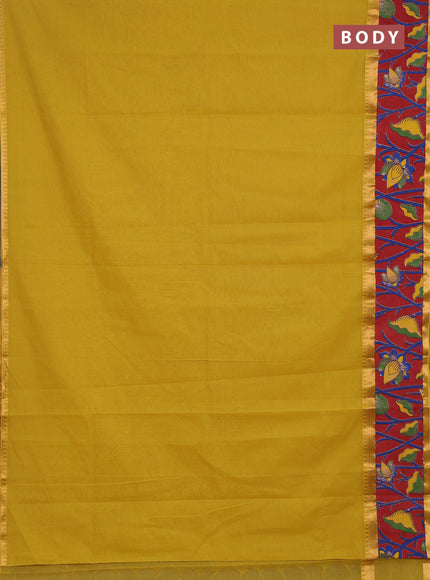 Semi mangalagiri cotton saree mustard yellow and maroon with plain body and long zari woven kalamkari printed border & blouse