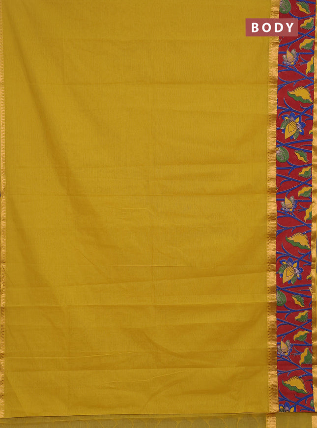 Mangalagiri cotton saree mustard yellow and maroon with plain body and long zari woven kalamkari printed border & blouse