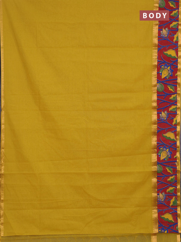 Mangalagiri cotton saree mustard yellow and maroon with plain body and long zari woven kalamkari printed border & blouse