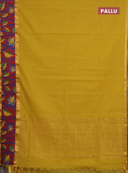 Semi mangalagiri cotton saree mustard yellow and maroon with plain body and long zari woven kalamkari printed border & blouse