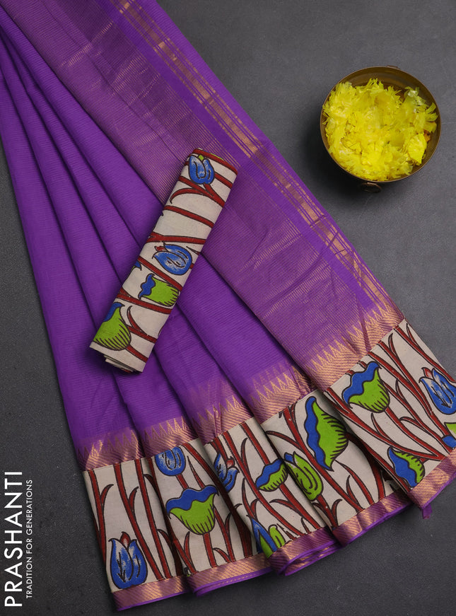 Mangalagiri cotton saree lavender and beige with plain body and long zari woven kalamkari printed border & blouse