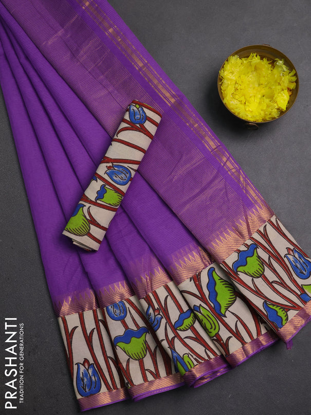 Mangalagiri cotton saree lavender and beige with plain body and long zari woven kalamkari printed border & blouse