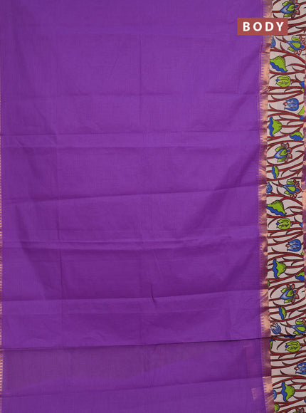 Semi mangalagiri cotton saree lavender and beige with plain body and long zari woven kalamkari printed border & blouse