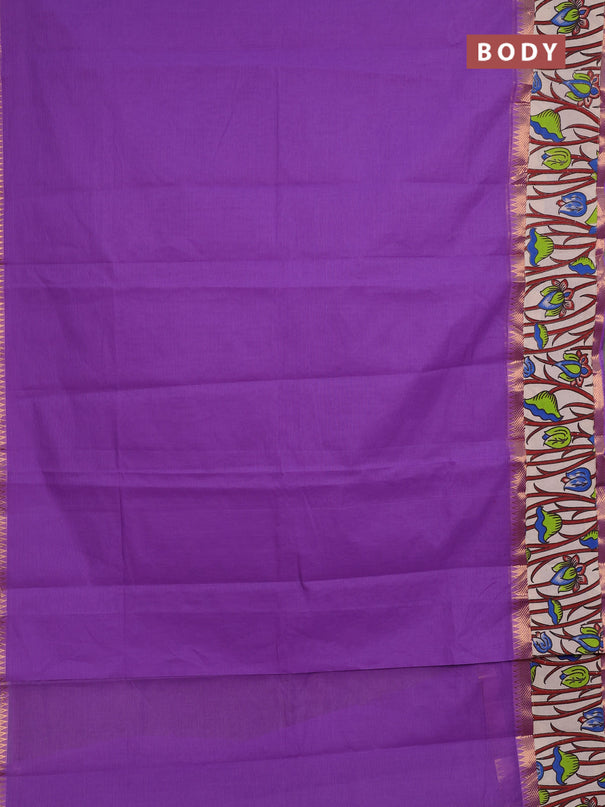 Mangalagiri cotton saree lavender and beige with plain body and long zari woven kalamkari printed border & blouse