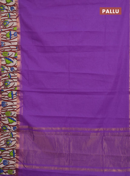 Semi mangalagiri cotton saree lavender and beige with plain body and long zari woven kalamkari printed border & blouse