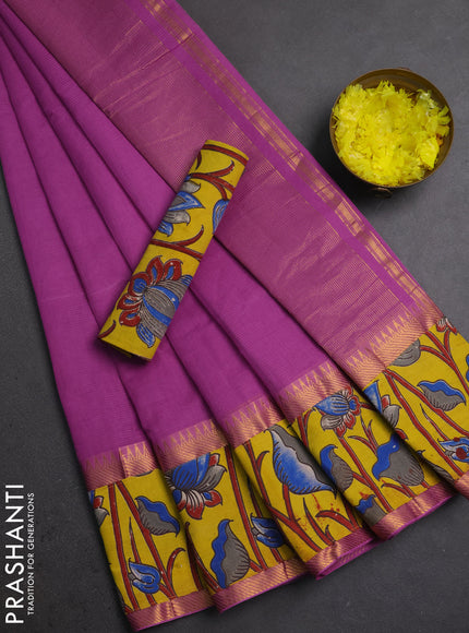 Semi mangalagiri cotton saree mild purple and yellow with plain body and long zari woven kalamkari printed border & blouse