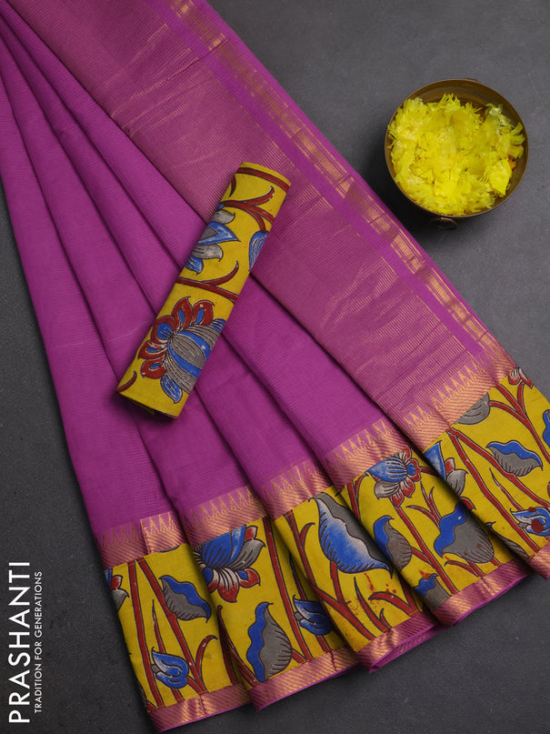 Mangalagiri cotton saree mild purple and yellow with plain body and long zari woven kalamkari printed border & blouse