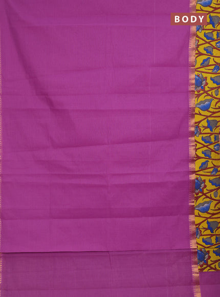 Semi mangalagiri cotton saree mild purple and yellow with plain body and long zari woven kalamkari printed border & blouse