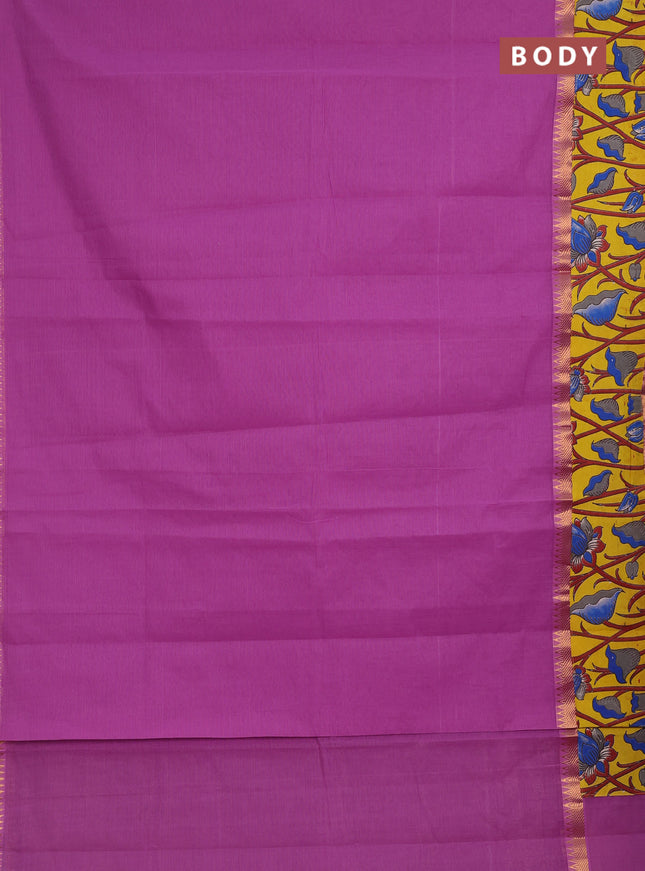Mangalagiri cotton saree mild purple and yellow with plain body and long zari woven kalamkari printed border & blouse